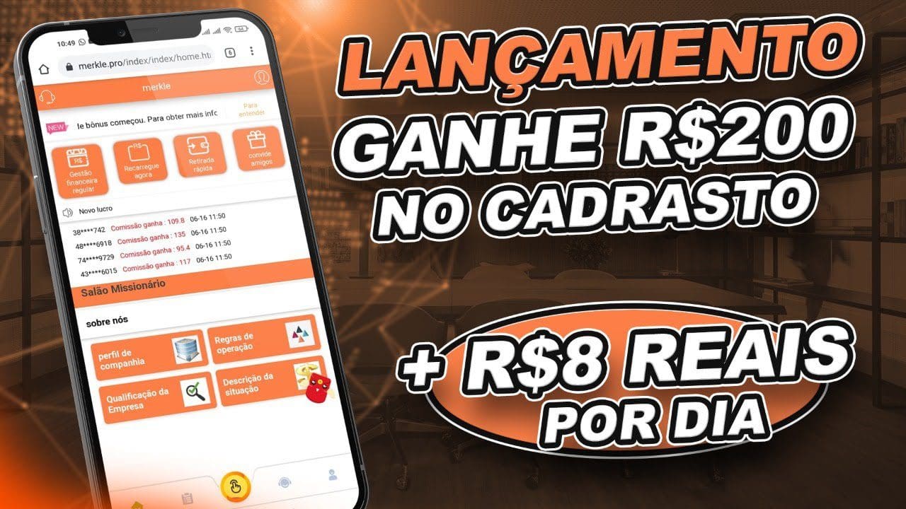 LANÇAMENTO Ganhe R$200 no CADASTRO + R$8 Reais Por dia Com Tarefas (App Merkle.Pro)