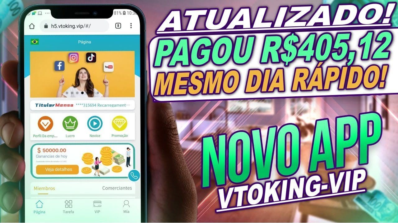 ATUALIZOU Aplicativo VTOKING-VIP PAGA no PIX Ganhar Dinheiro Na Internet Com Celular (RÁPIDO)